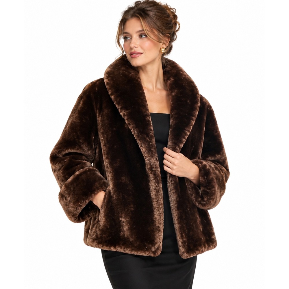50s Womens Mouton Lamb Coat Shawl Collar Open Front Cuffed Sleeve